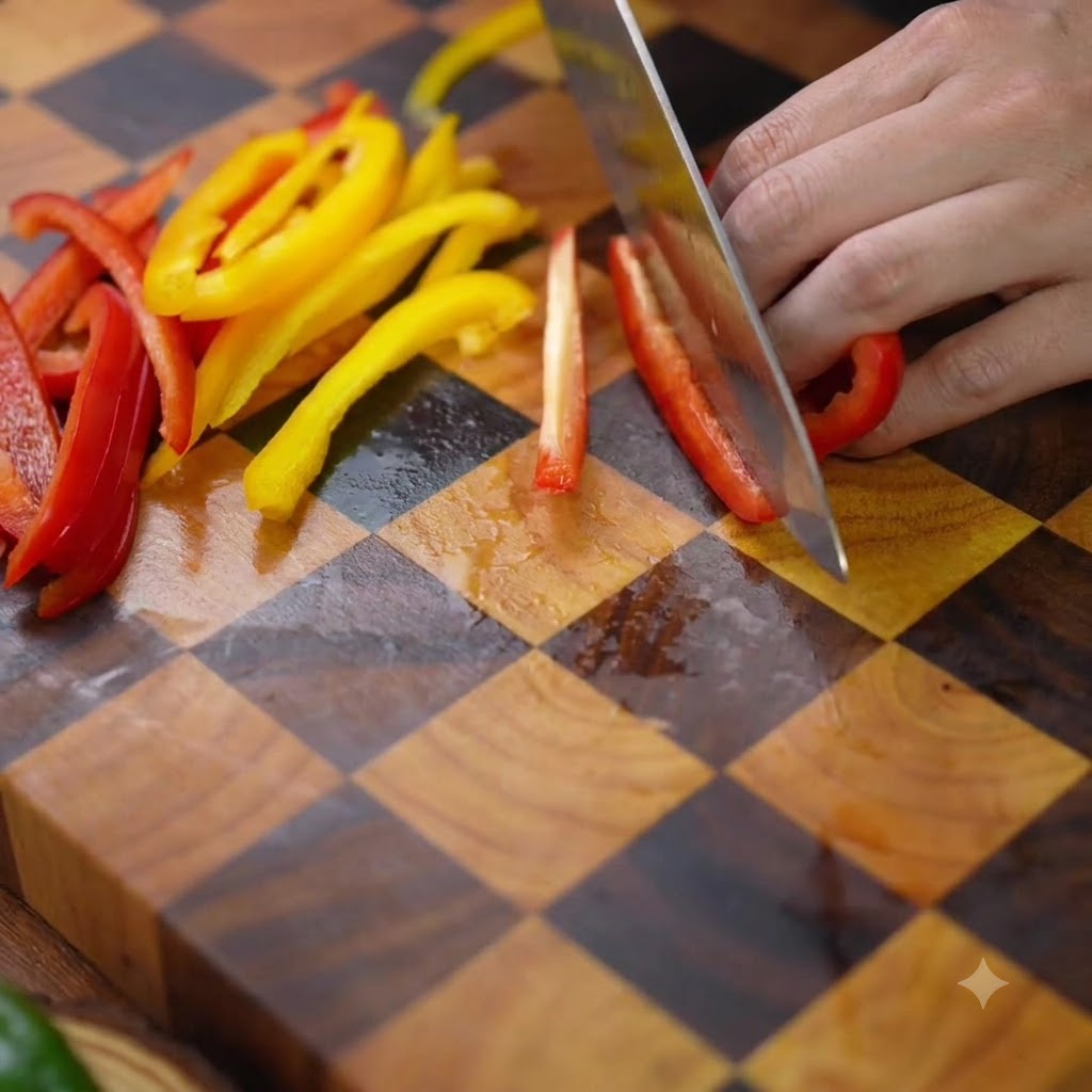 Yellow and red bell peppers being sliced into thin strips on a checkered wooden cutting board.