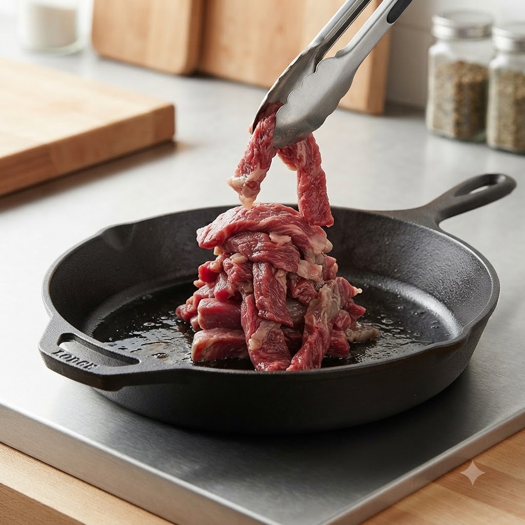 Beef slices being pan-fried in a hot cast iron skillet using tongs until browned.