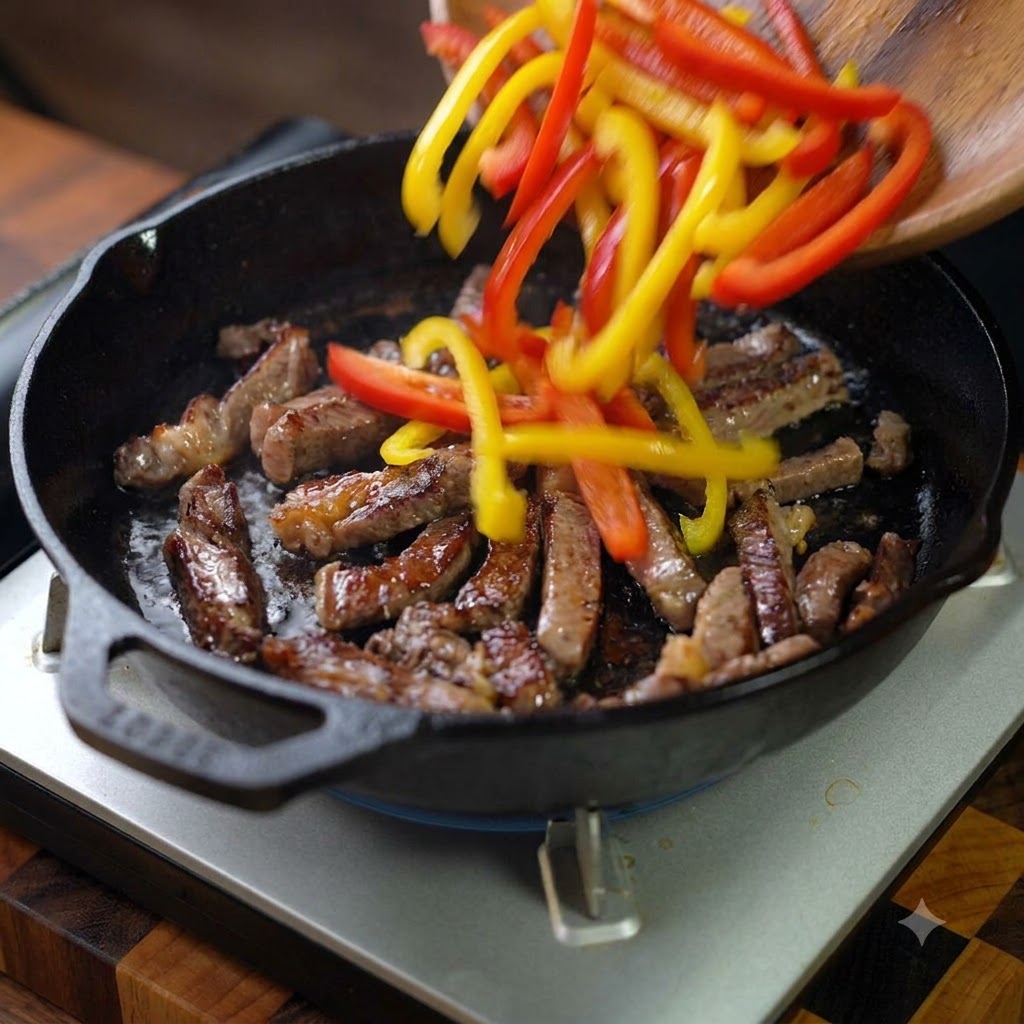 Sliced red and yellow bell peppers added into the skillet with the beef and stir-fried together.