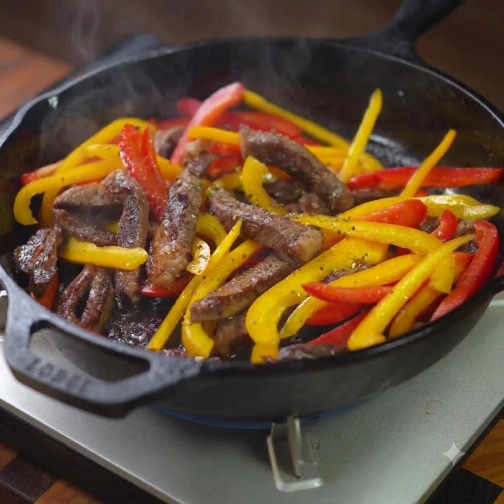 Salt and black pepper being sprinkled onto the beef and bell pepper mixture in the pan.