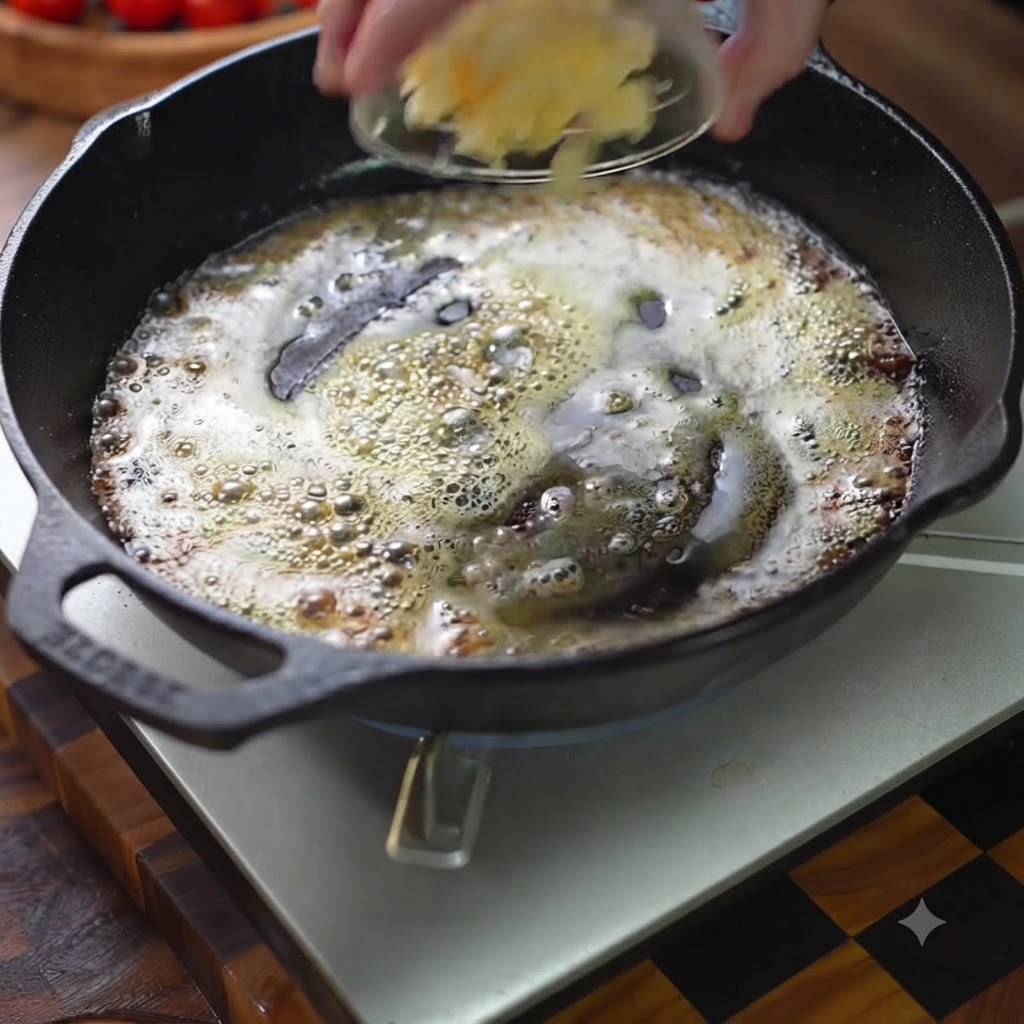 Minced garlic and diced onion sizzling in melted butter in a dark cast iron skillet.