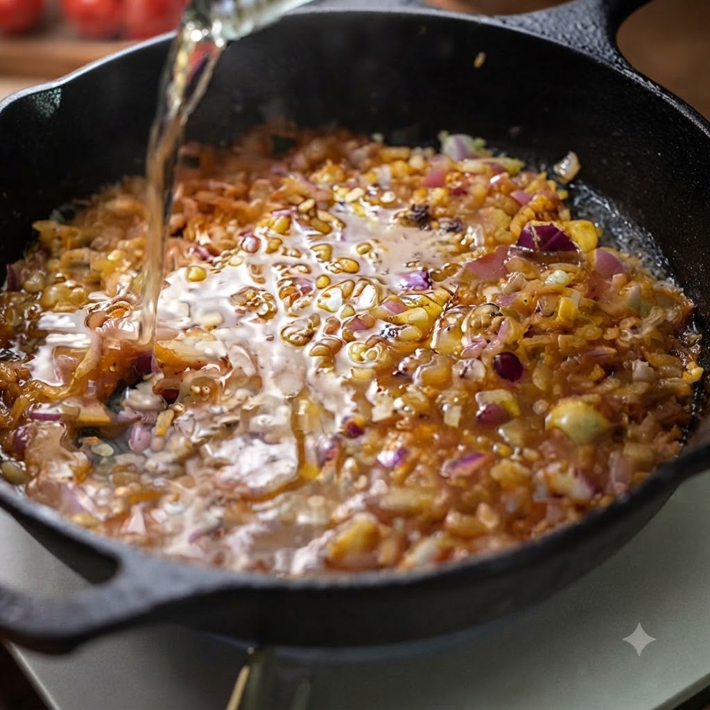 A stream of white wine pouring into a cast iron pan filled with sautéed onions and garlic.