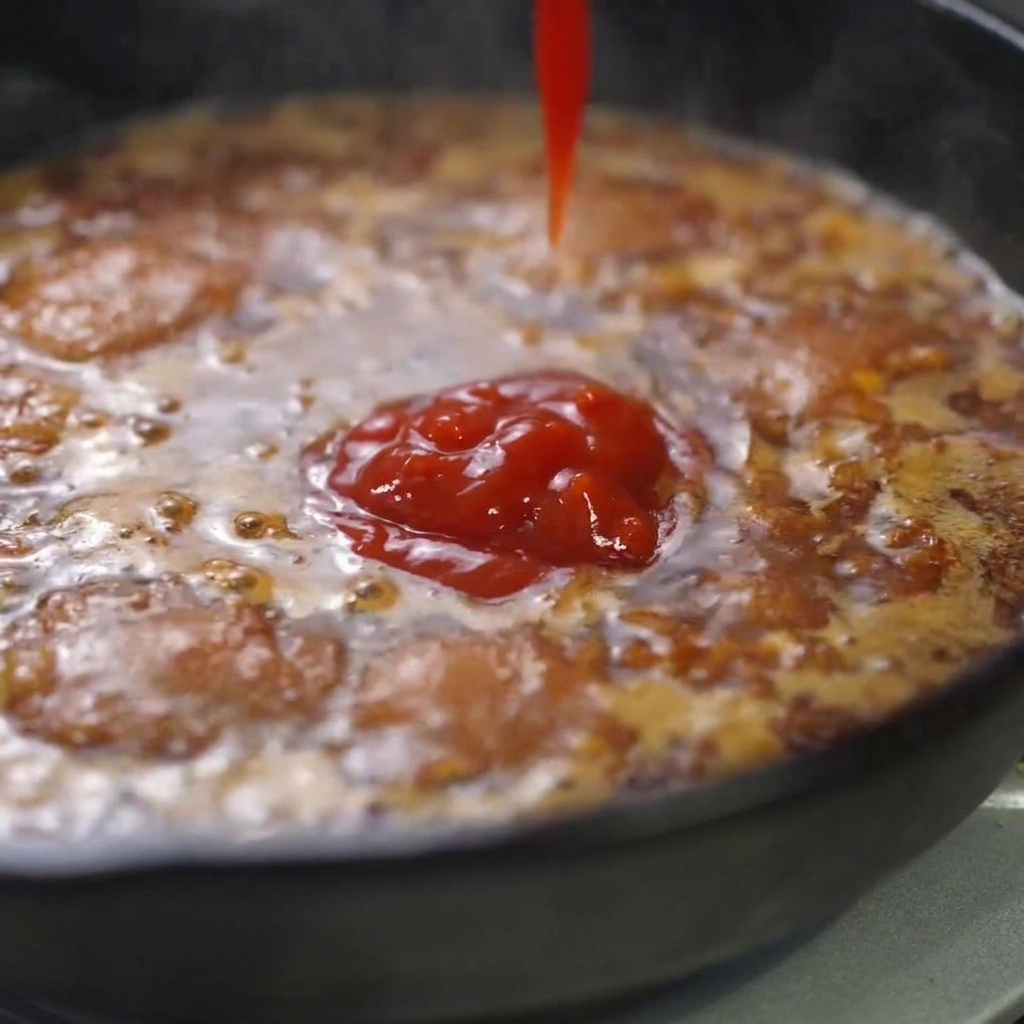 Tomato paste and soy sauce being poured and dropped into the bubbling pan sauce.