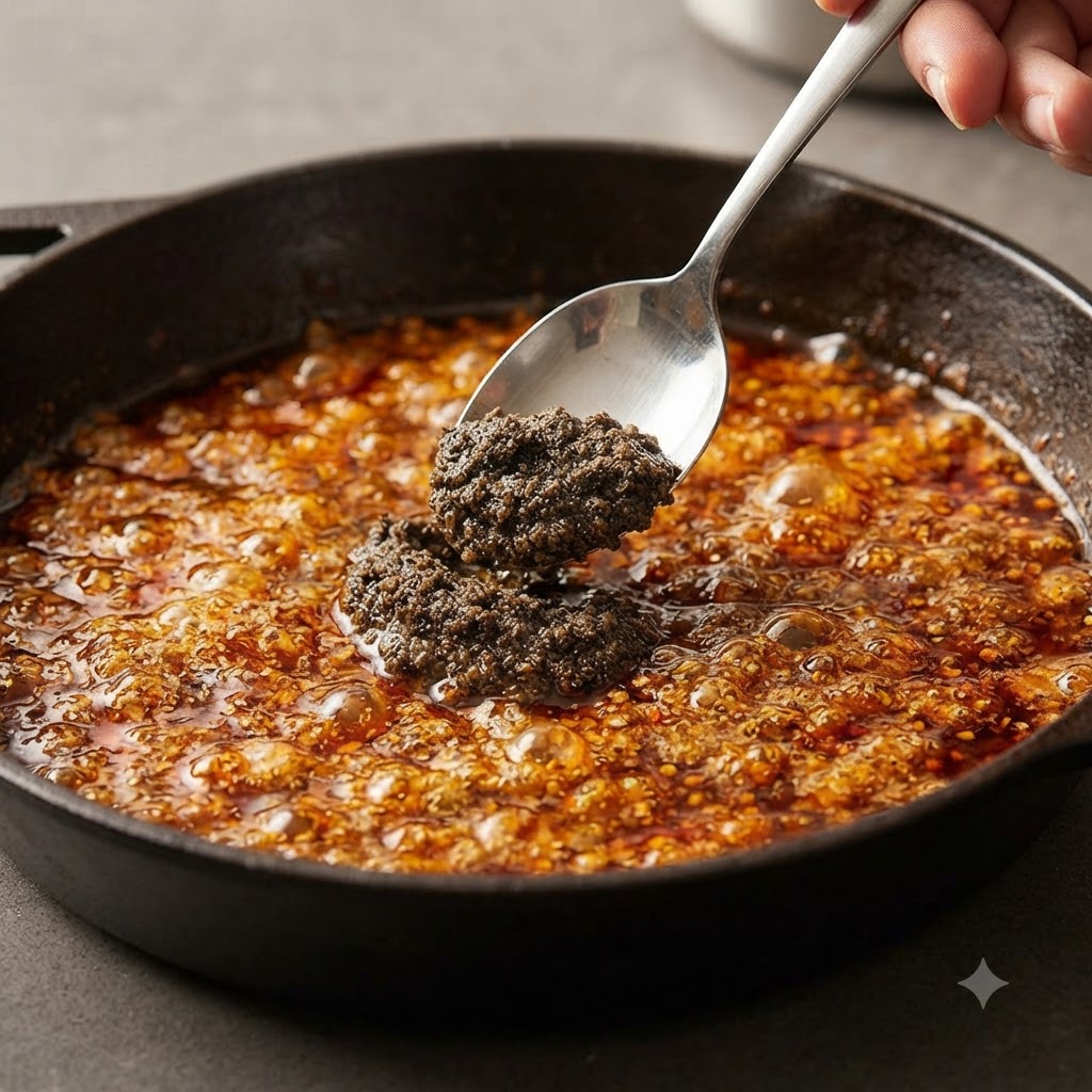 A silver spoon holding black truffle paste over a bubbling dark brown pan sauce.