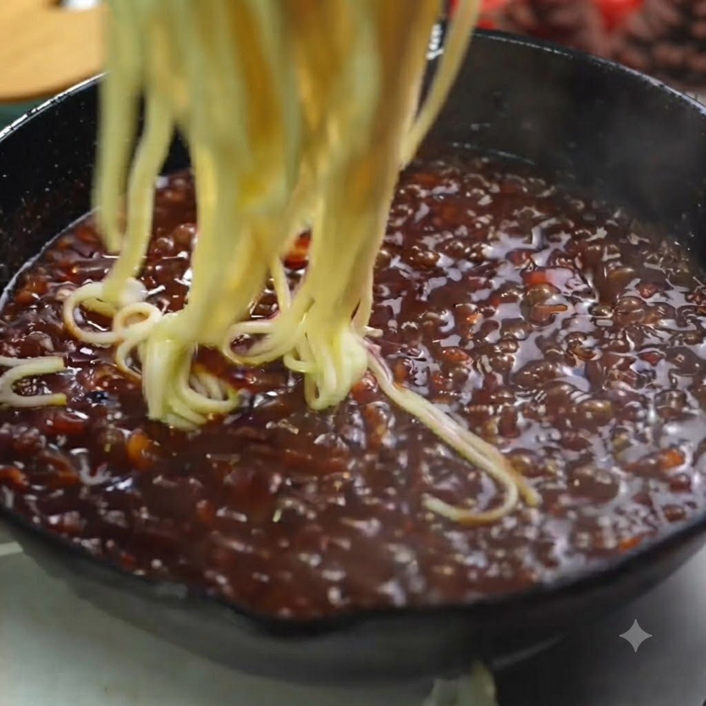 Freshly boiled spaghetti noodles being lifted and dropped into a pan of rich truffle pasta sauce.