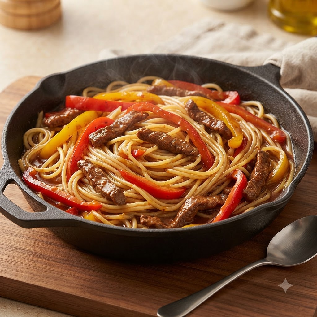 A cast-iron skillet filled with cooked spaghetti noodles, sliced bell peppers, and beef pieces coated in sauce.