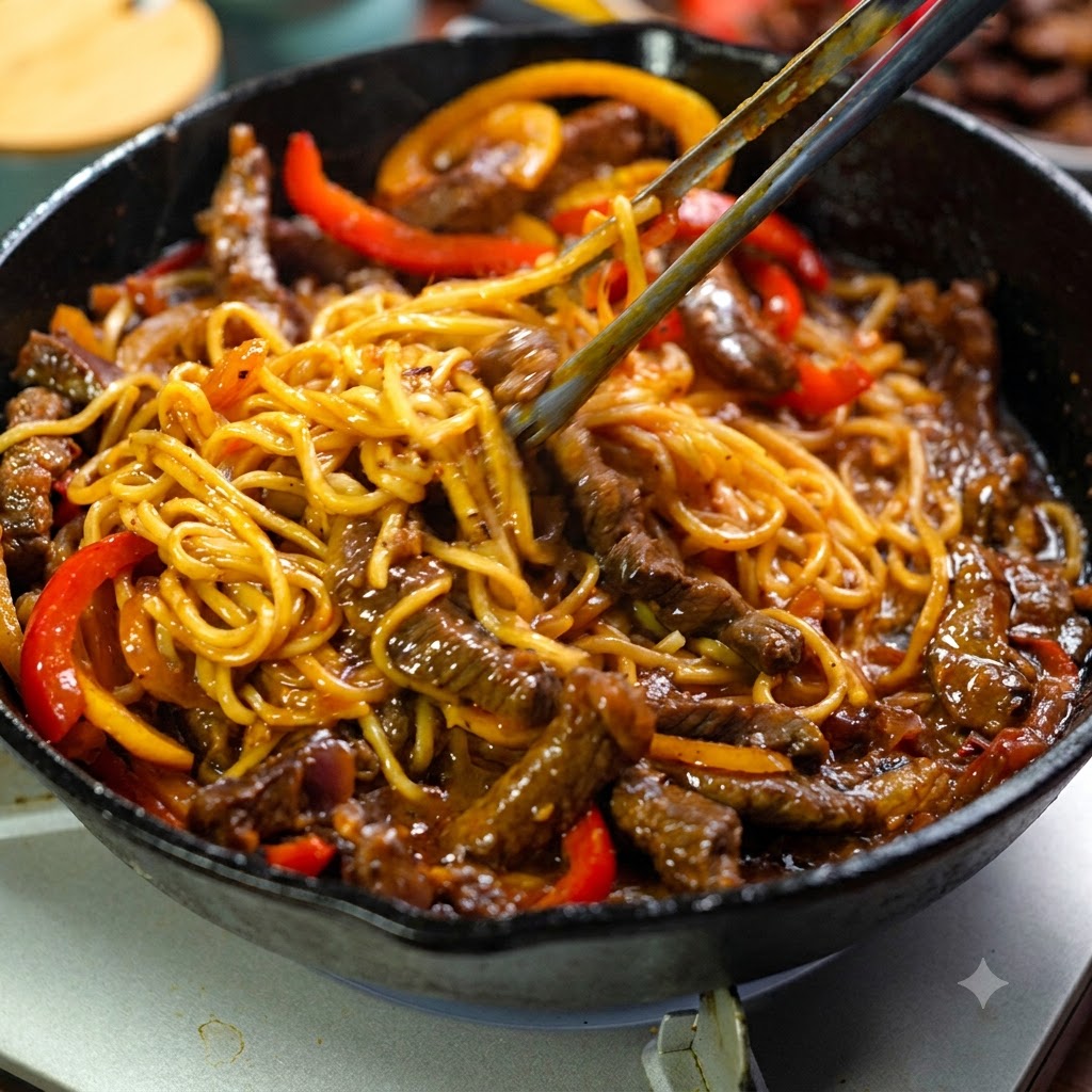 A pair of tongs actively tossing spaghetti noodles, beef, and bell peppers in a skillet with rich sauce.