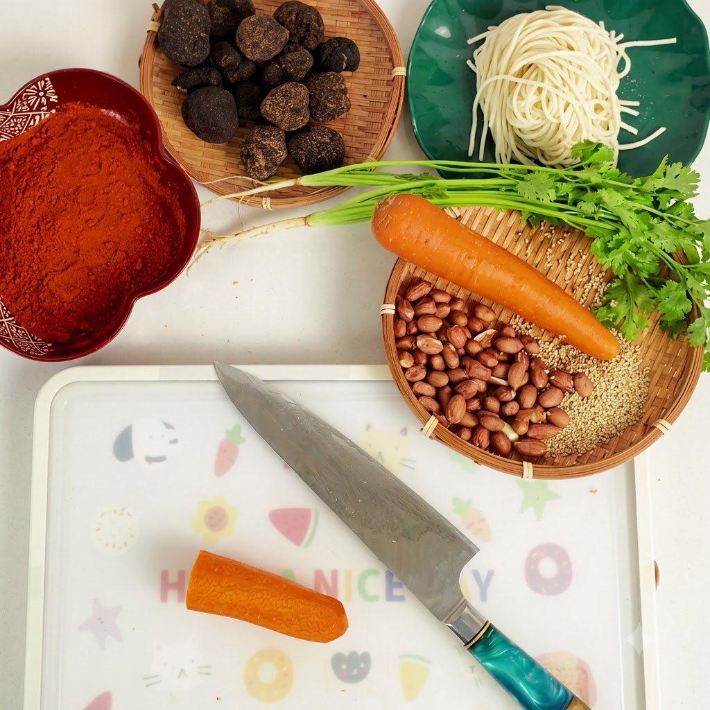 A sharp chefs knife slicing a carrot into fine julienne strips on a cutting mat.
