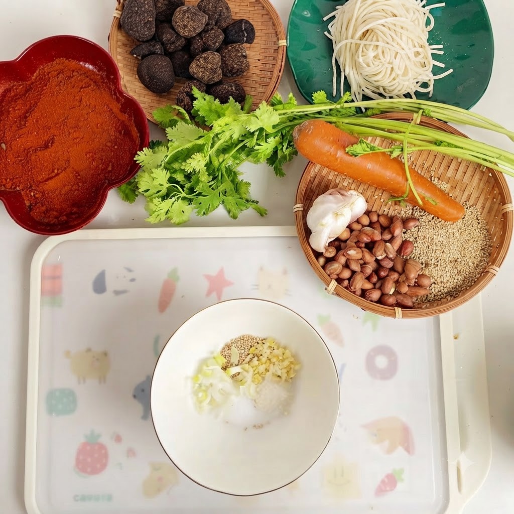 A white bowl containing salt, sugar, sesame seeds, minced ginger and garlic, chili powder, and chopped black truffle.