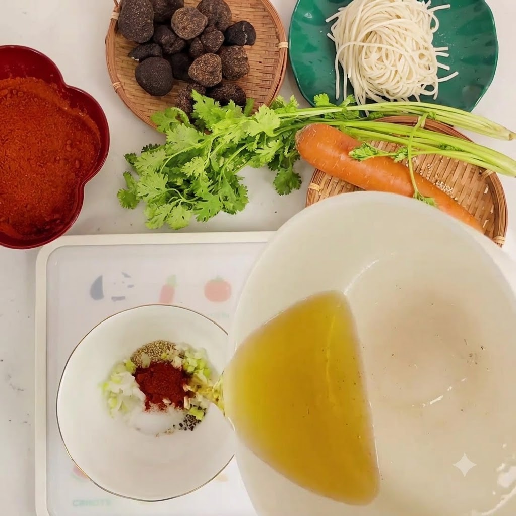 Hot cooking oil being poured from a pan into the bowl of dry seasonings, causing it to sizzle.