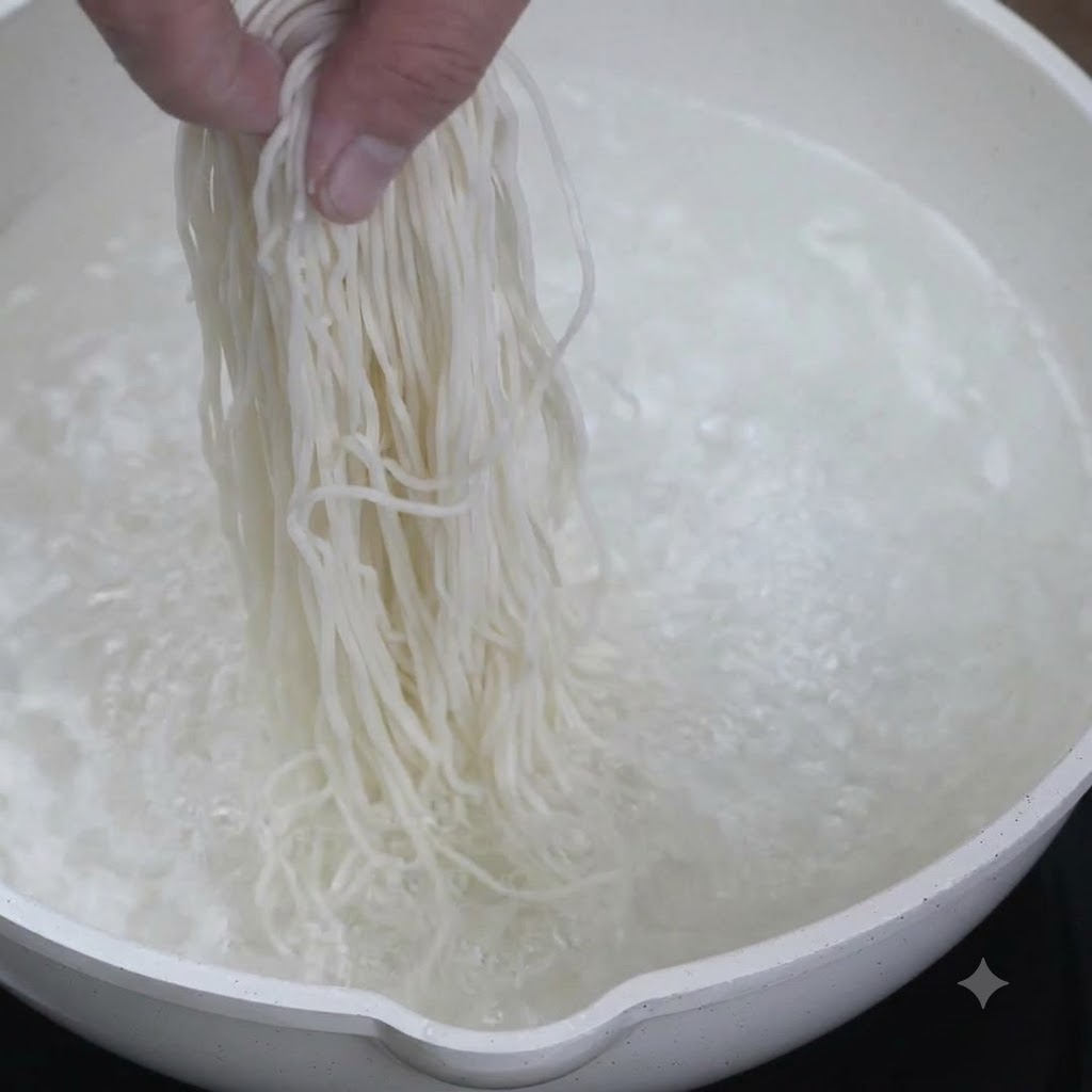 Raw noodles being lowered into a pot of bubbling boiling water.
