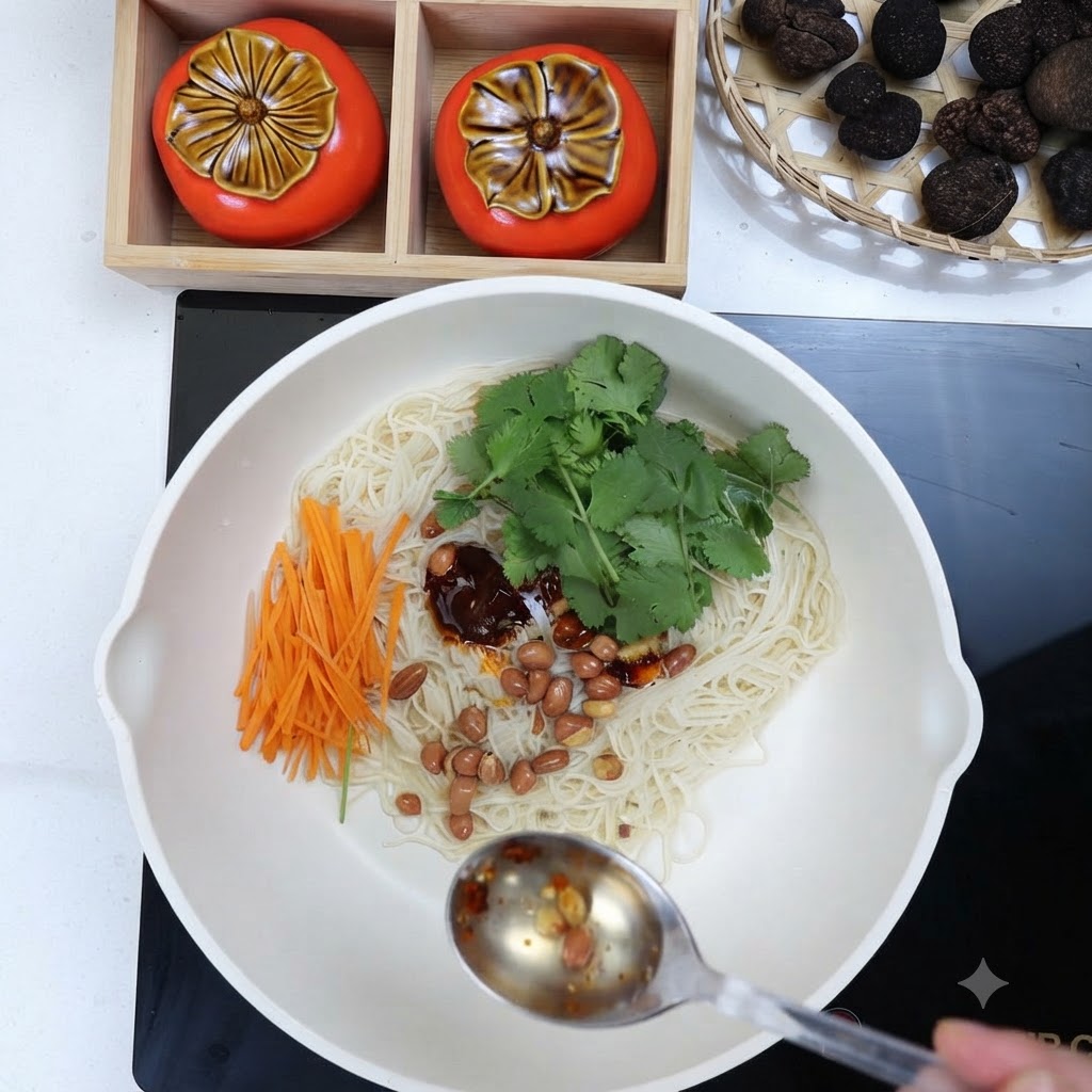 A spoonful of chili oil being poured into the white pan containing noodles and fresh garnishes.
