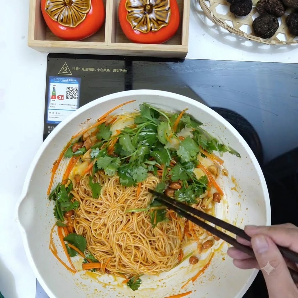 Chopsticks mixing the noodles and colorful ingredients together inside a white pan.