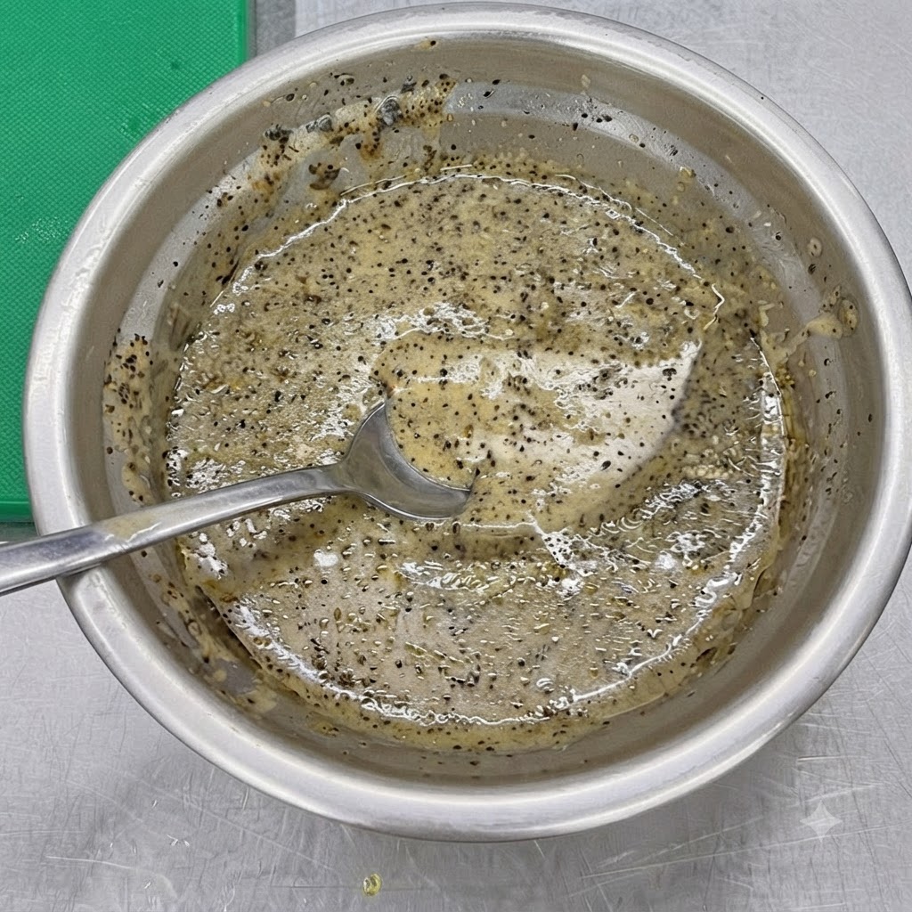 A small metal bowl containing a dark black truffle and sesame sauce mixture being stirred with a spoon.