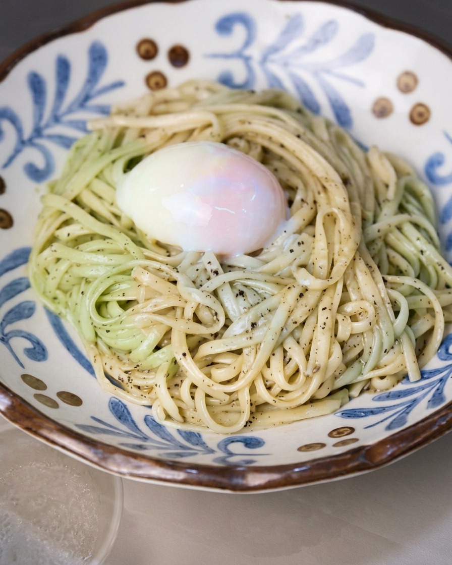 Sauce-coated noodles neatly arranged into a decorative blue and white ceramic bowl.