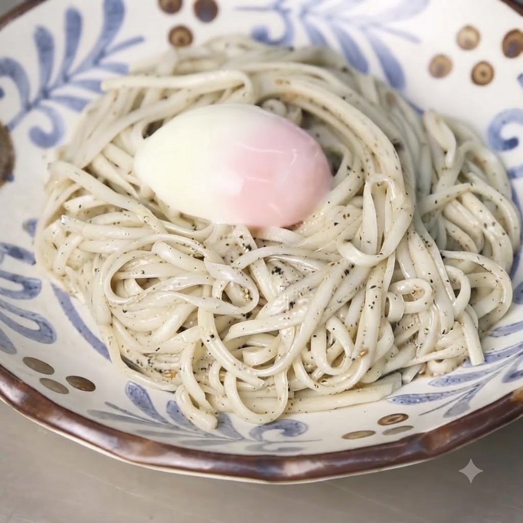 A soft-boiled onsen egg positioned in the center of the nest of noodles inside a ceramic bowl.