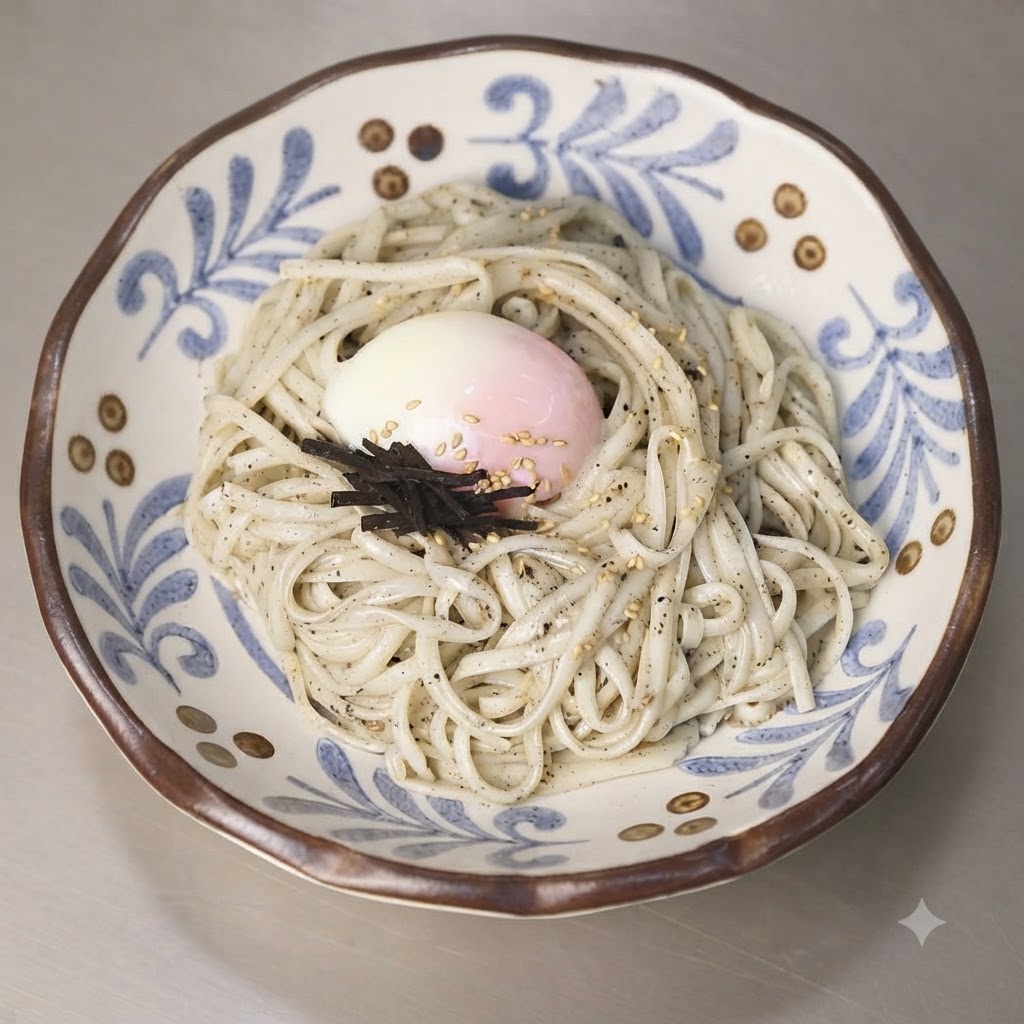 Toasted sesame seeds scattered evenly over the noodles and onsen egg in the decorative bowl.