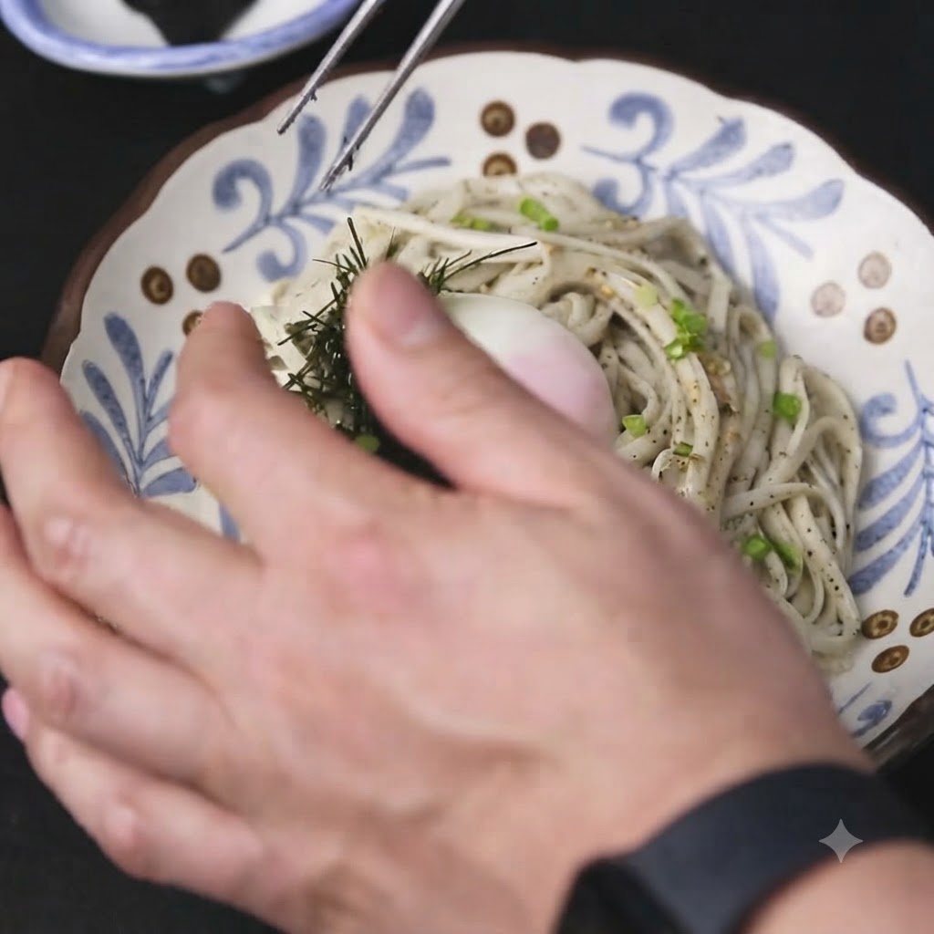 Hands using a pair of tweezers to place shredded nori seaweed onto the plated noodle dish.