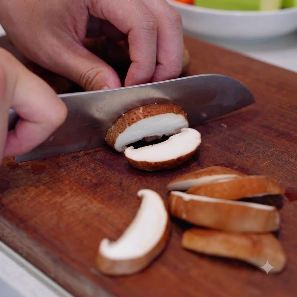 A pair of hands using a chefs knife to cut fresh shiitake mushrooms into thick slices on a wooden cutting board.