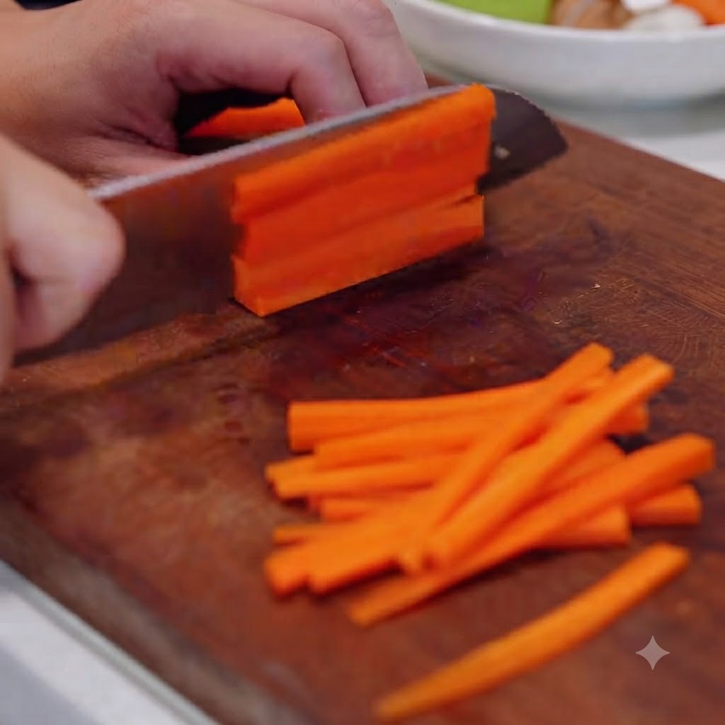 A hand using a knife to slice a piece of carrot into thin strips on a wooden cutting board.