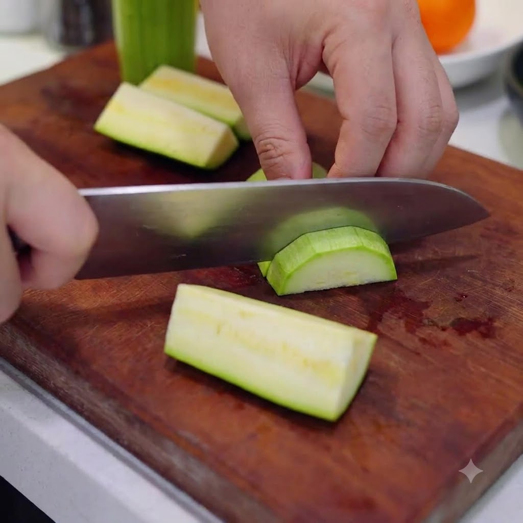 A hand cutting a cored piece of zucchini into long strips on a wooden board.