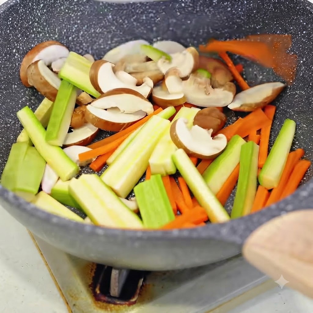 Shiitake mushroom slices, carrot strips, and zucchini strips being stir-fried in a hot pan.