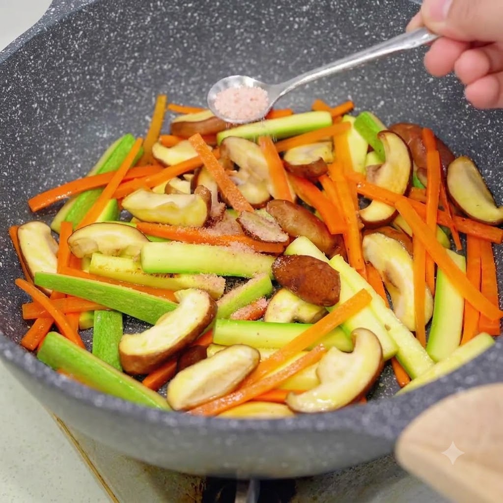 A small spoon adding pink salt into a pan filled with stir-frying mushrooms, carrots, and zucchini.