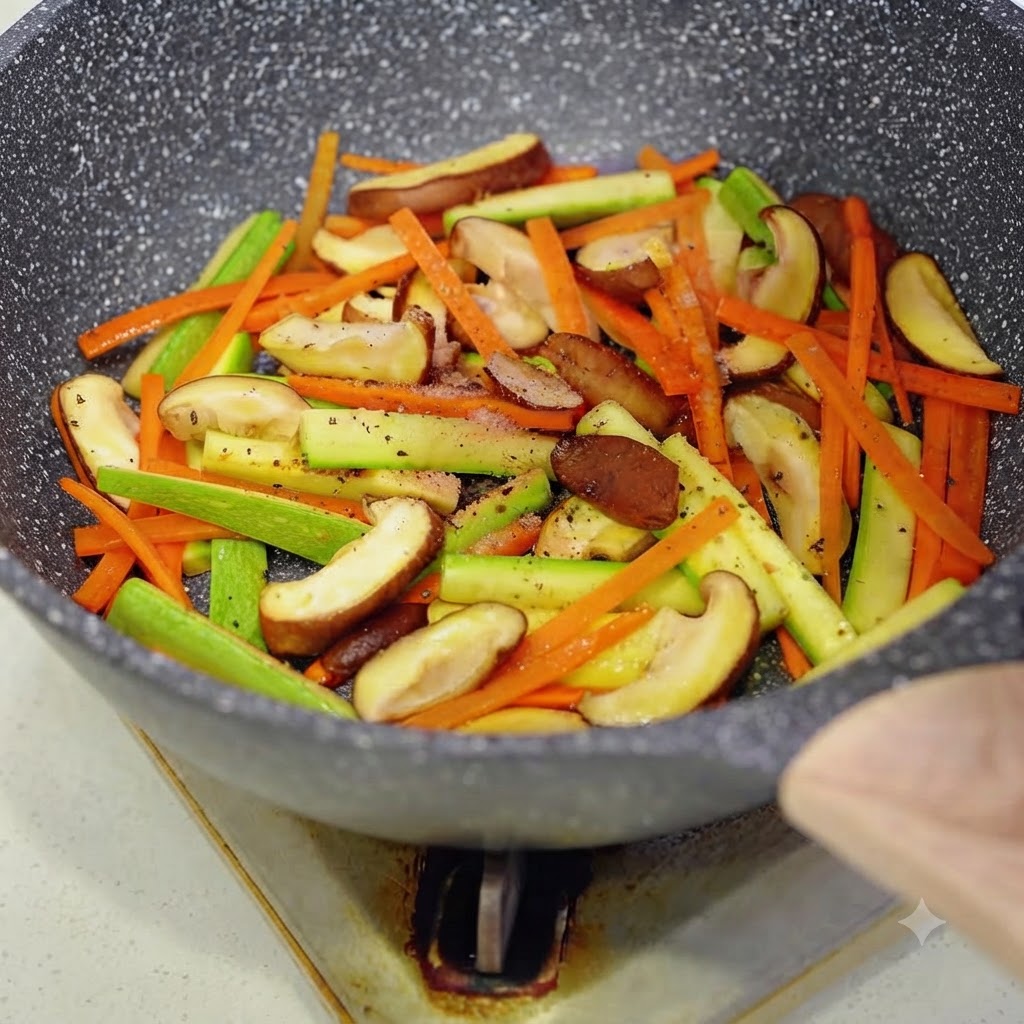 Black pepper being freshly ground over the colorful vegetable mixture cooking in a pan.