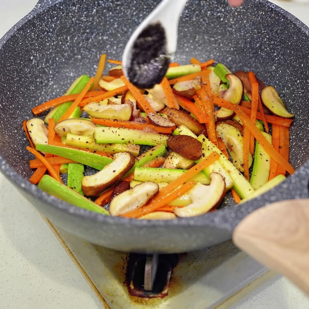A white spoon adding a spoonful of dark black truffle sauce into a skillet filled with stir-fried vegetables.