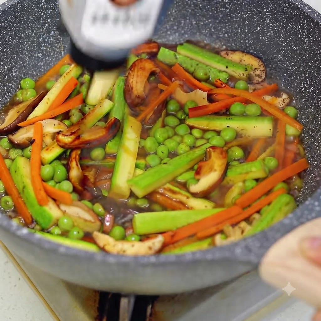 A bottle pouring sauce into a pan containing mixed stir-fried vegetables and green peas.