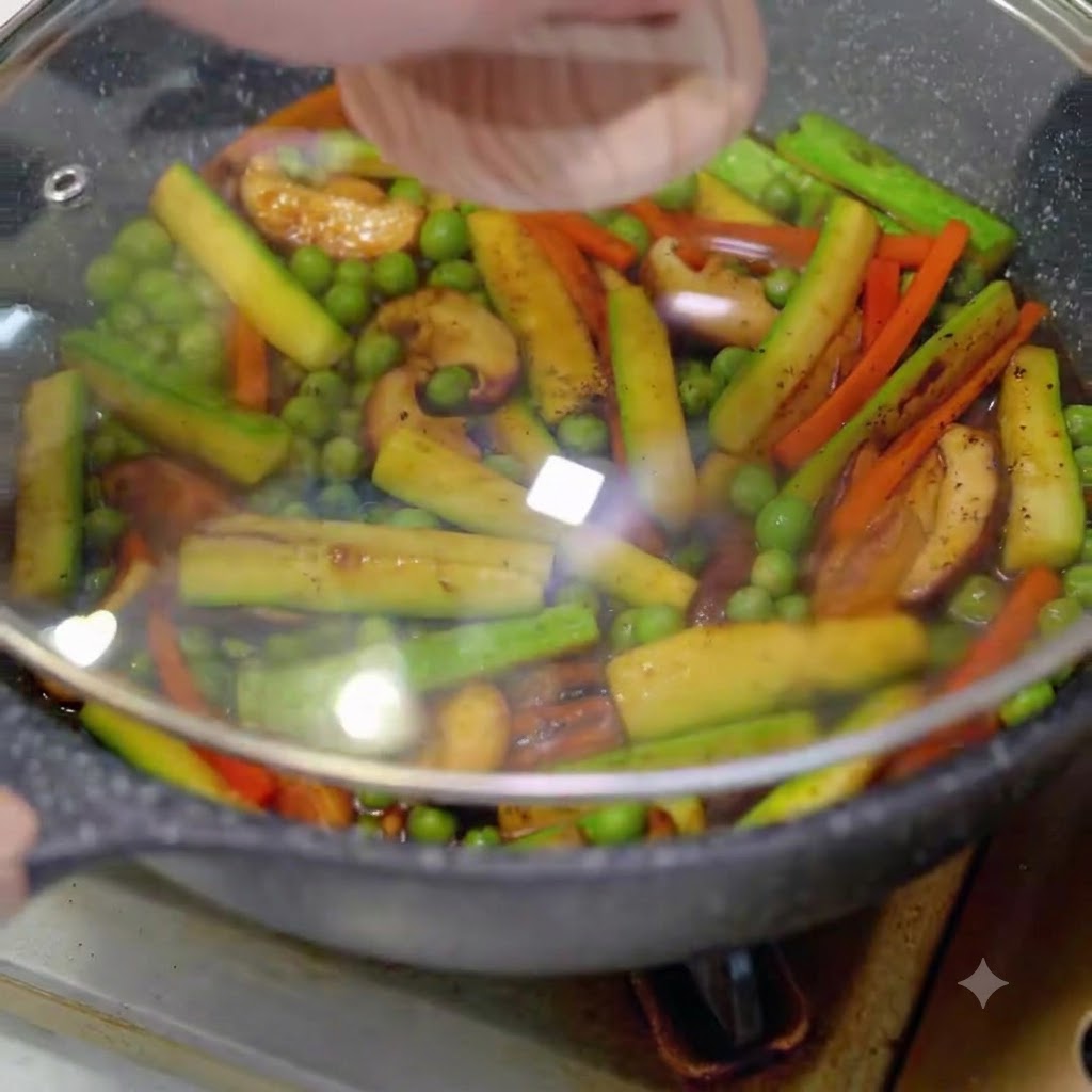 A glass lid being placed over a pan filled with simmering vegetables and broth.