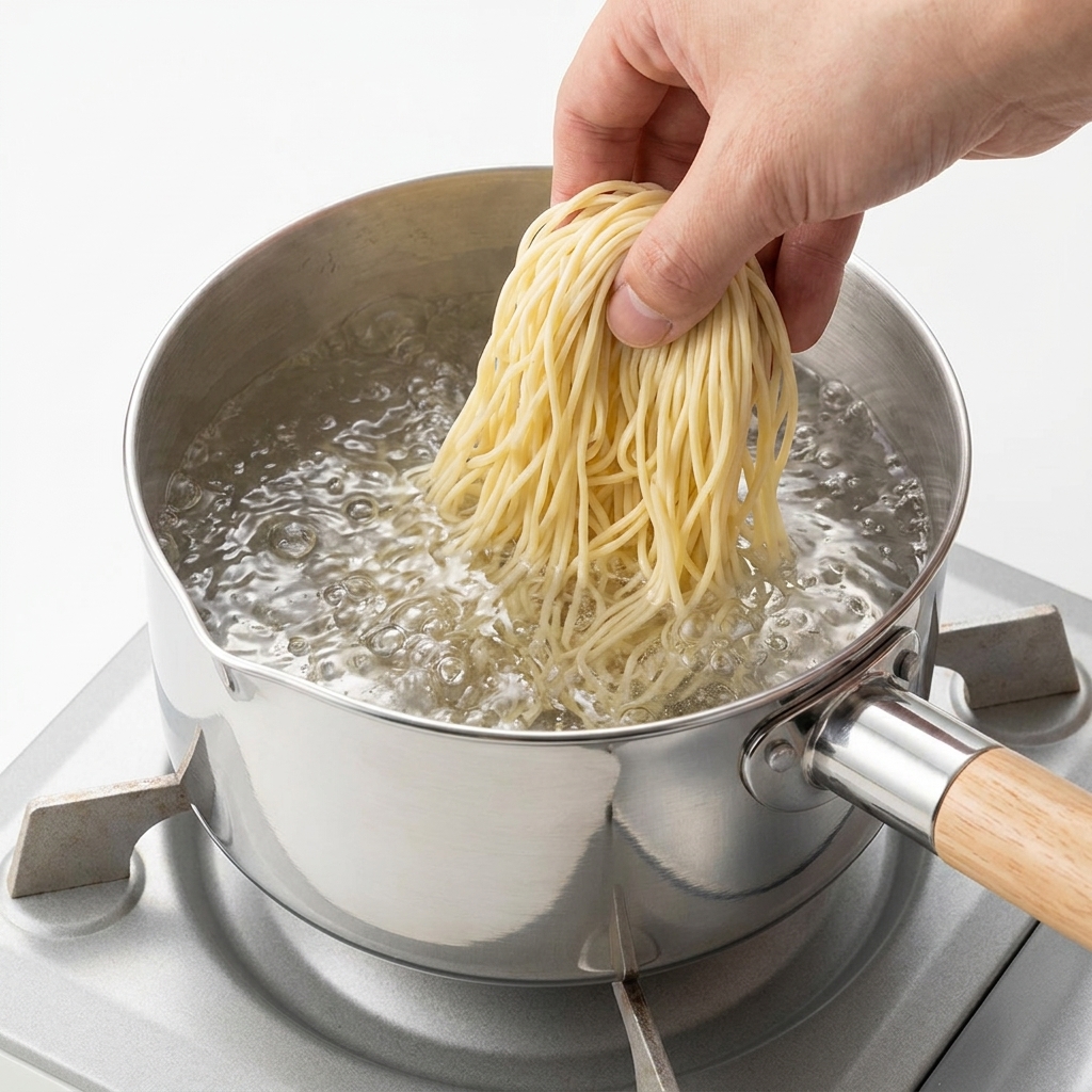 Fresh noodles being lowered into a pot of bubbling boiling water on the stove.
