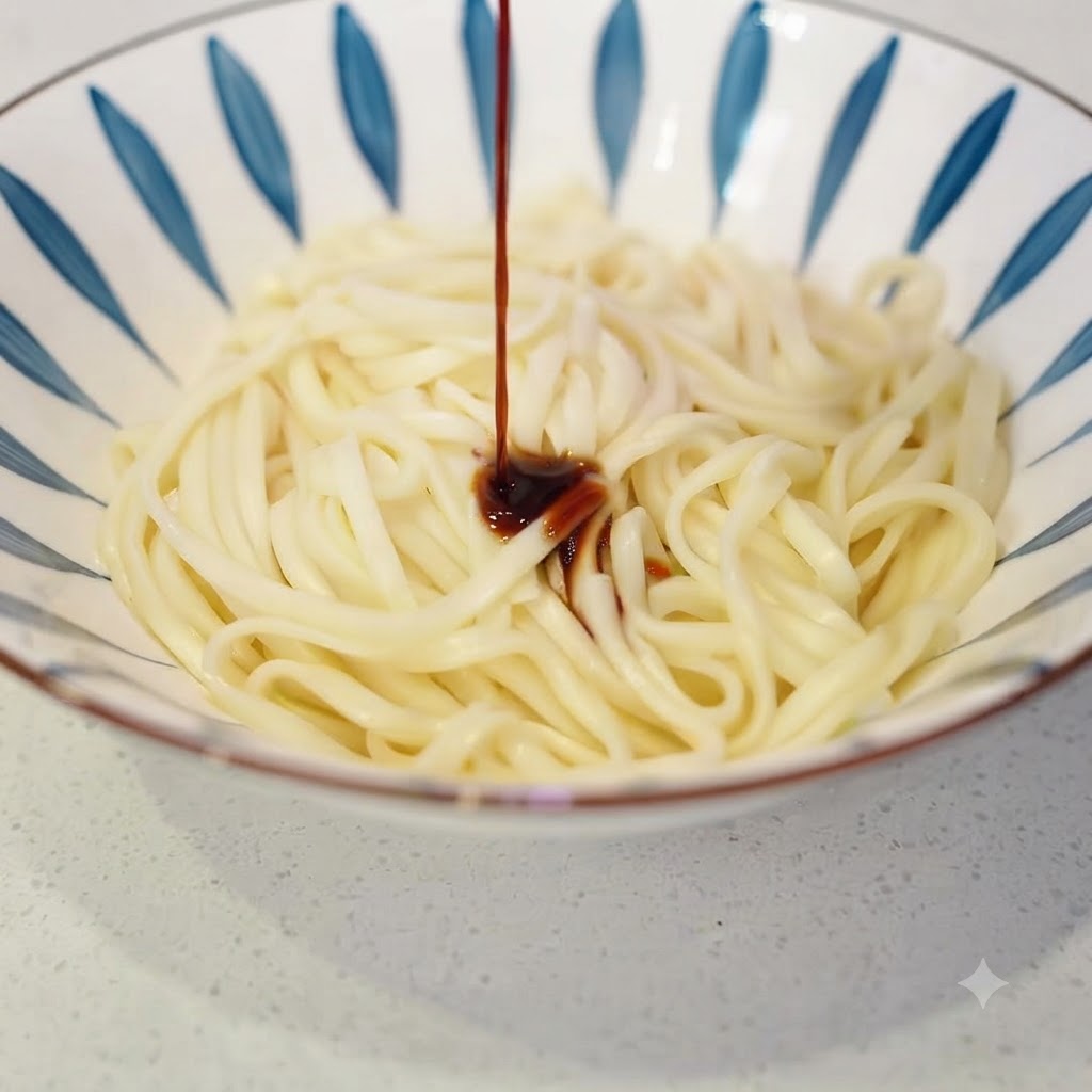 Light soy sauce being poured into a bowl of freshly cooked noodles.