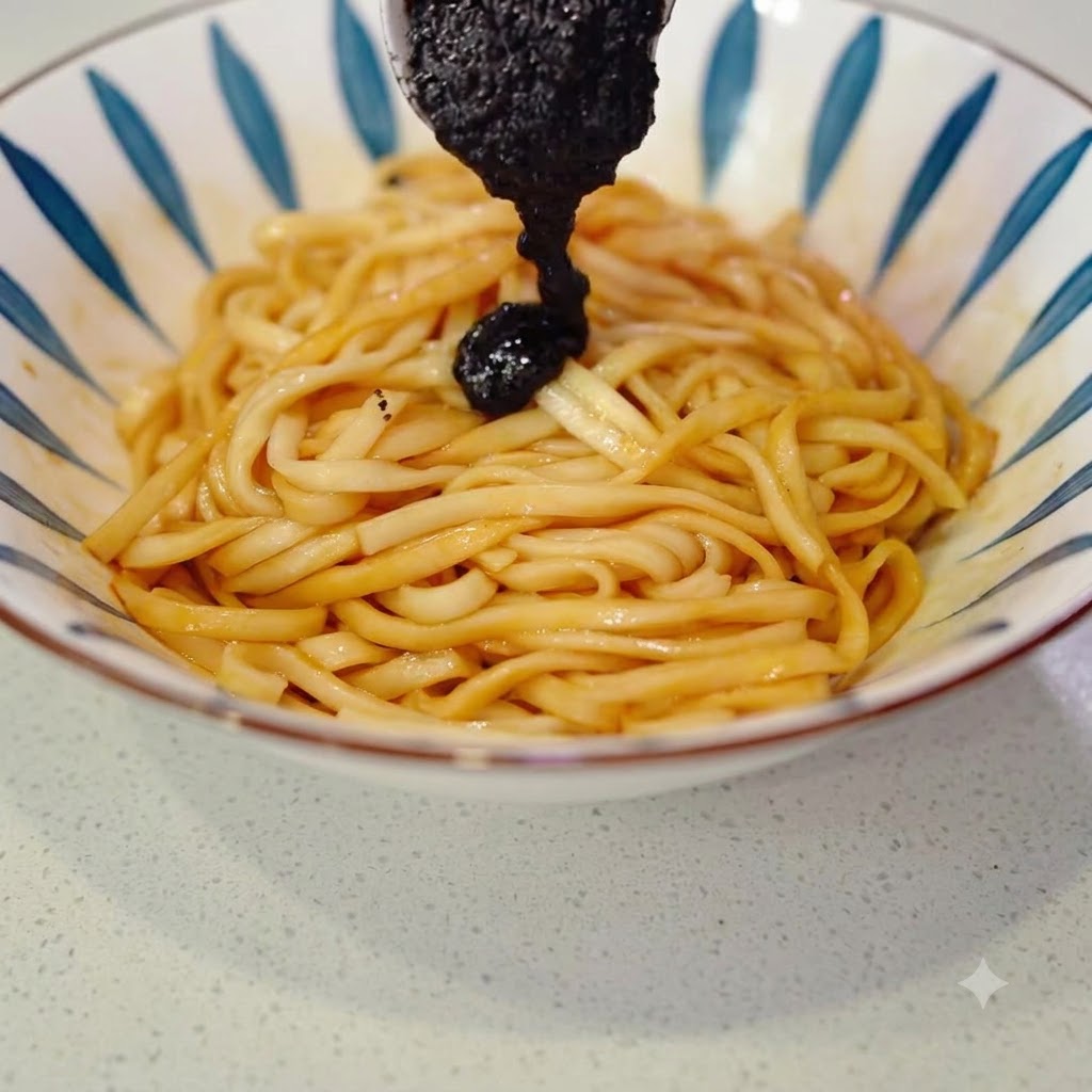A large spoonful of dark black truffle sauce being added onto the bowl of noodles.