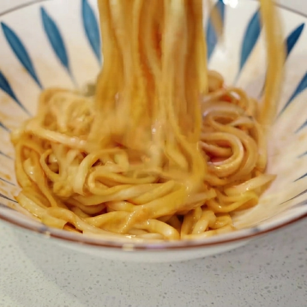 Chopsticks mixing the noodles and sauce together inside a serving bowl.