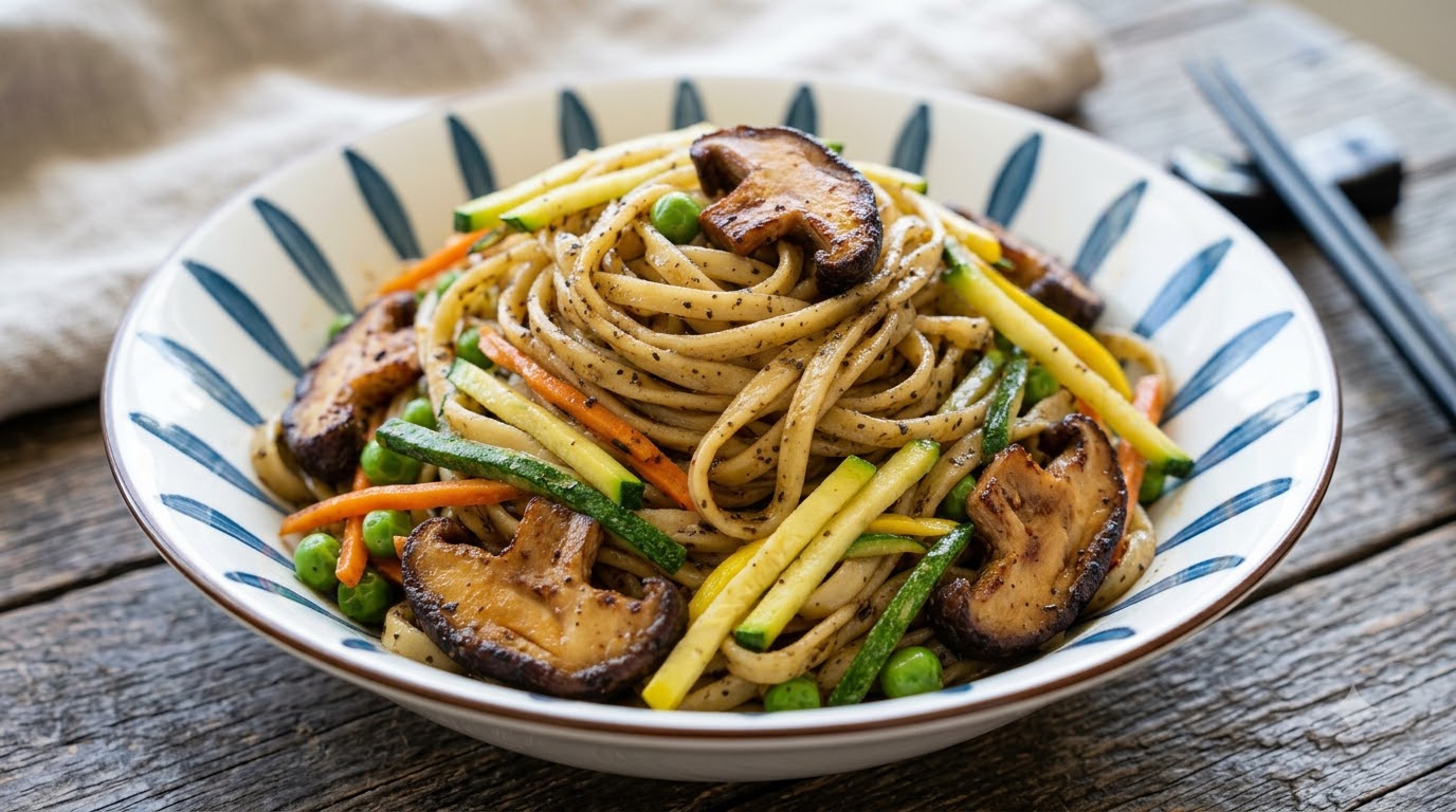 A bowl of black truffle mixed noodles with shiitake mushrooms, zucchini, carrots, and peas