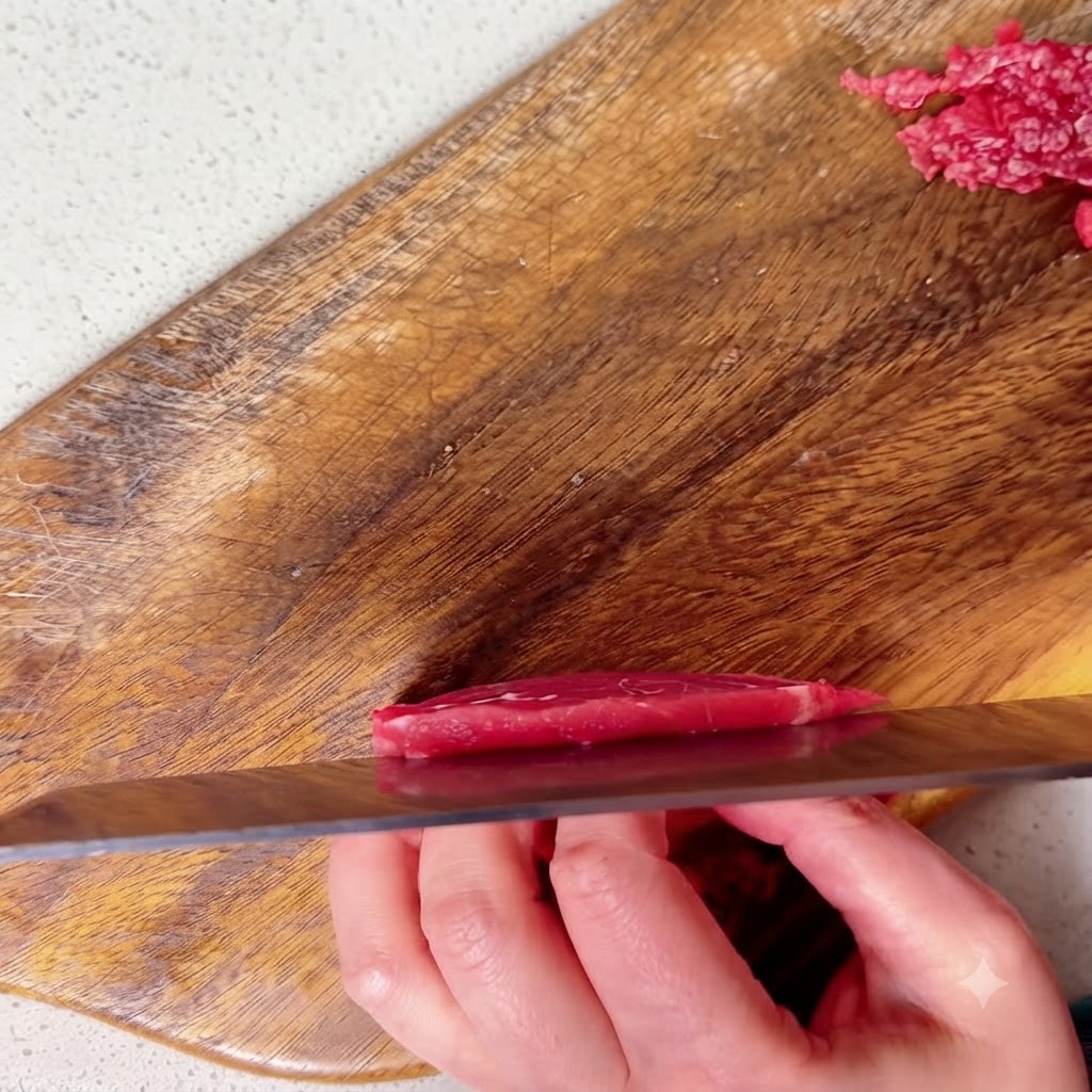 A close-up view of beef tenderloin being sliced and diced into small pieces on a wooden board.