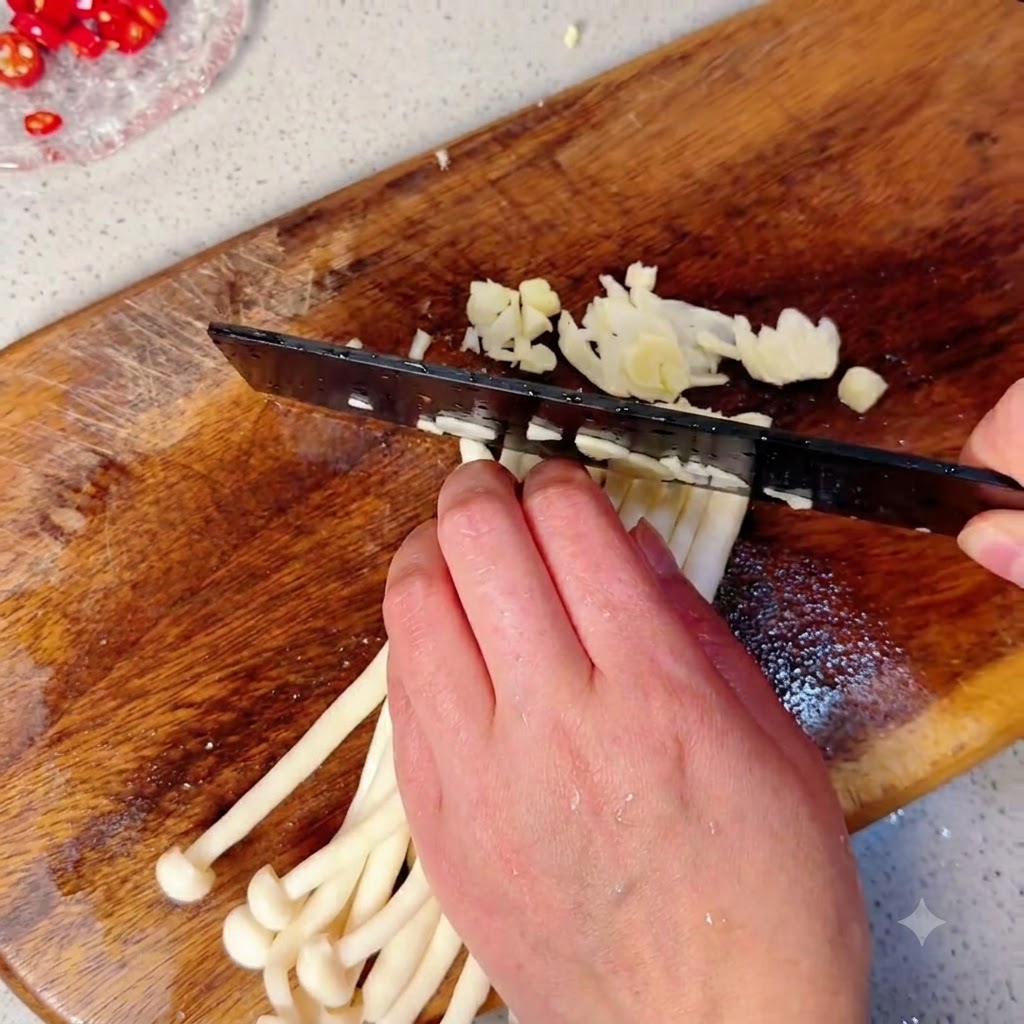 Shimeji mushrooms being cut into small pieces on a wooden board next to chopped chili peppers.