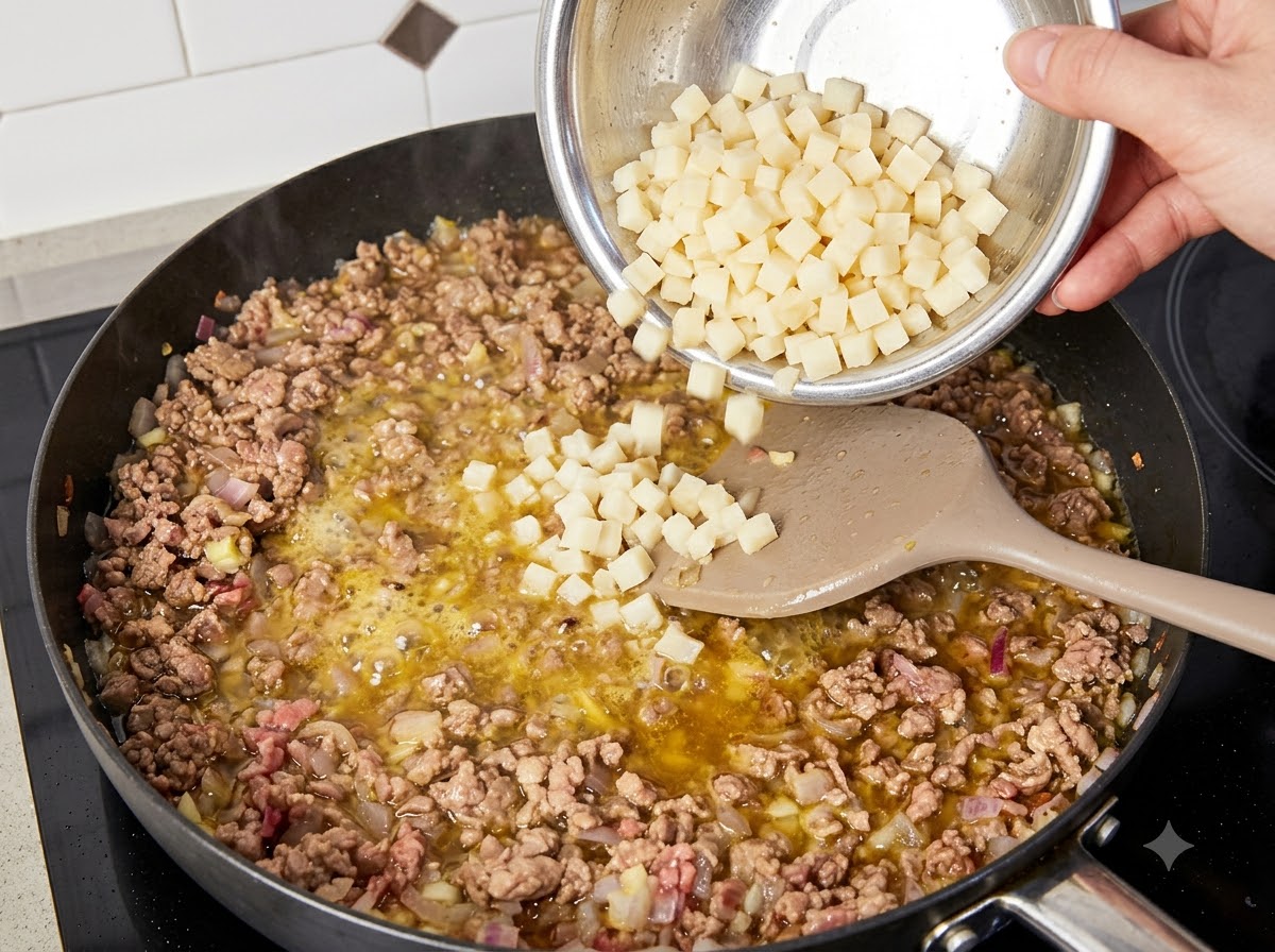 Minced mushrooms being poured from a bowl into the pan with beef and onions.