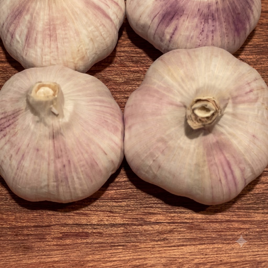 Garlic cloves resting on a wooden cutting board being cut into thin slices with a kitchen knife.