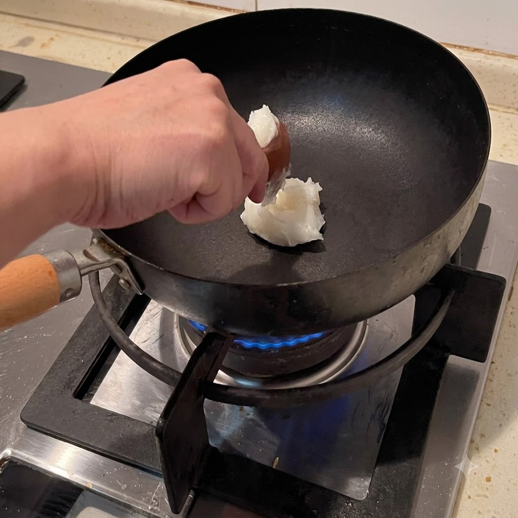 Lard being added to a hot wok and melting into oil over a blue flame.