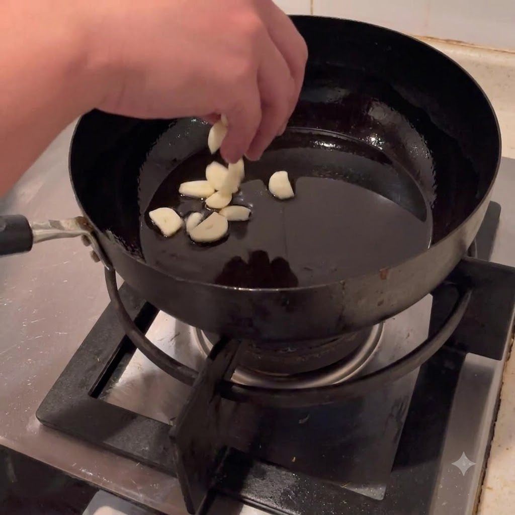 Garlic slices being dropped into hot oil in a wok.