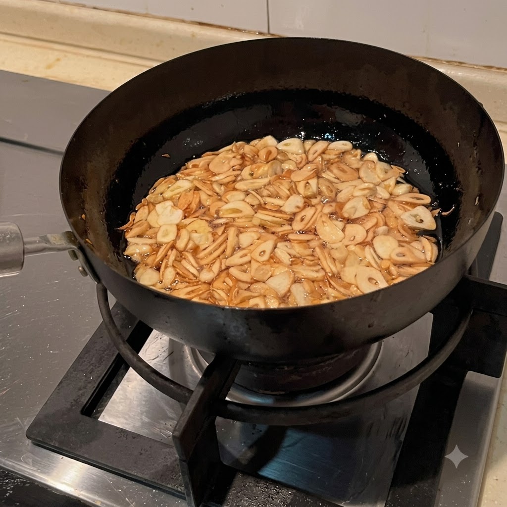 Golden-brown garlic chips frying evenly in oil inside a pan.