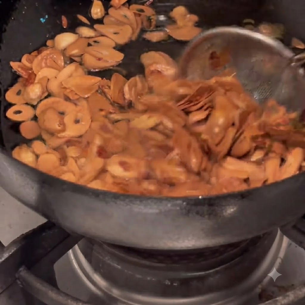 Brown garlic pieces being scooped out of hot oil with a wire strainer.
