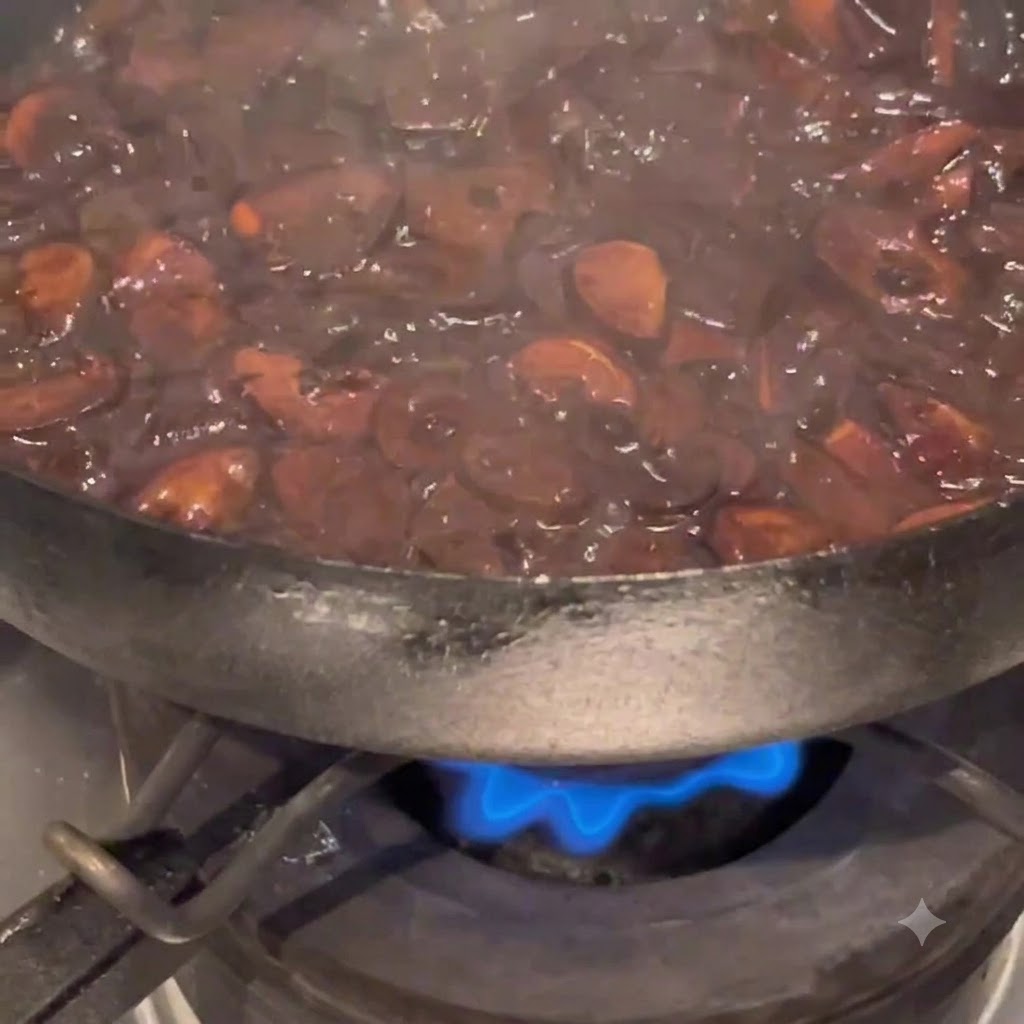 Garlic pieces frying in oil until completely black and smoky.