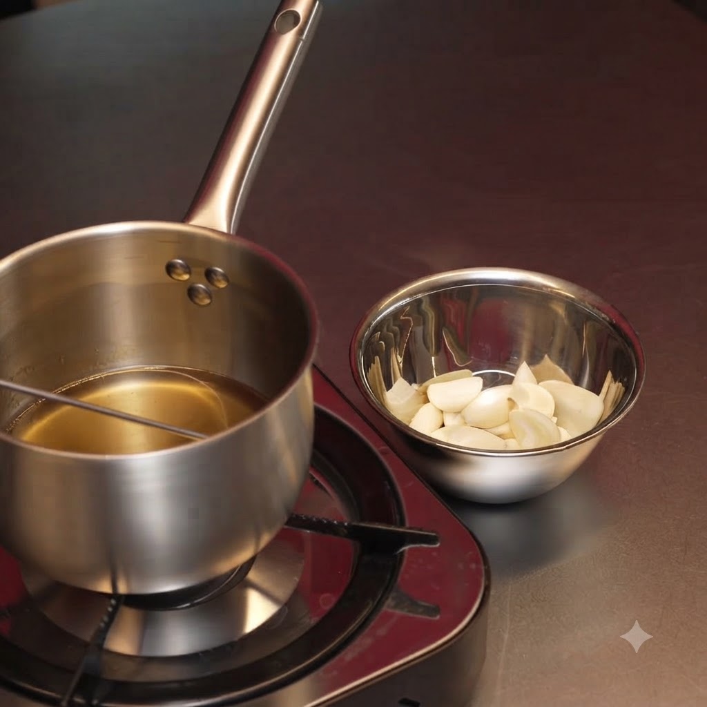 Peeled garlic cloves being dropped into a pot of warm lard.