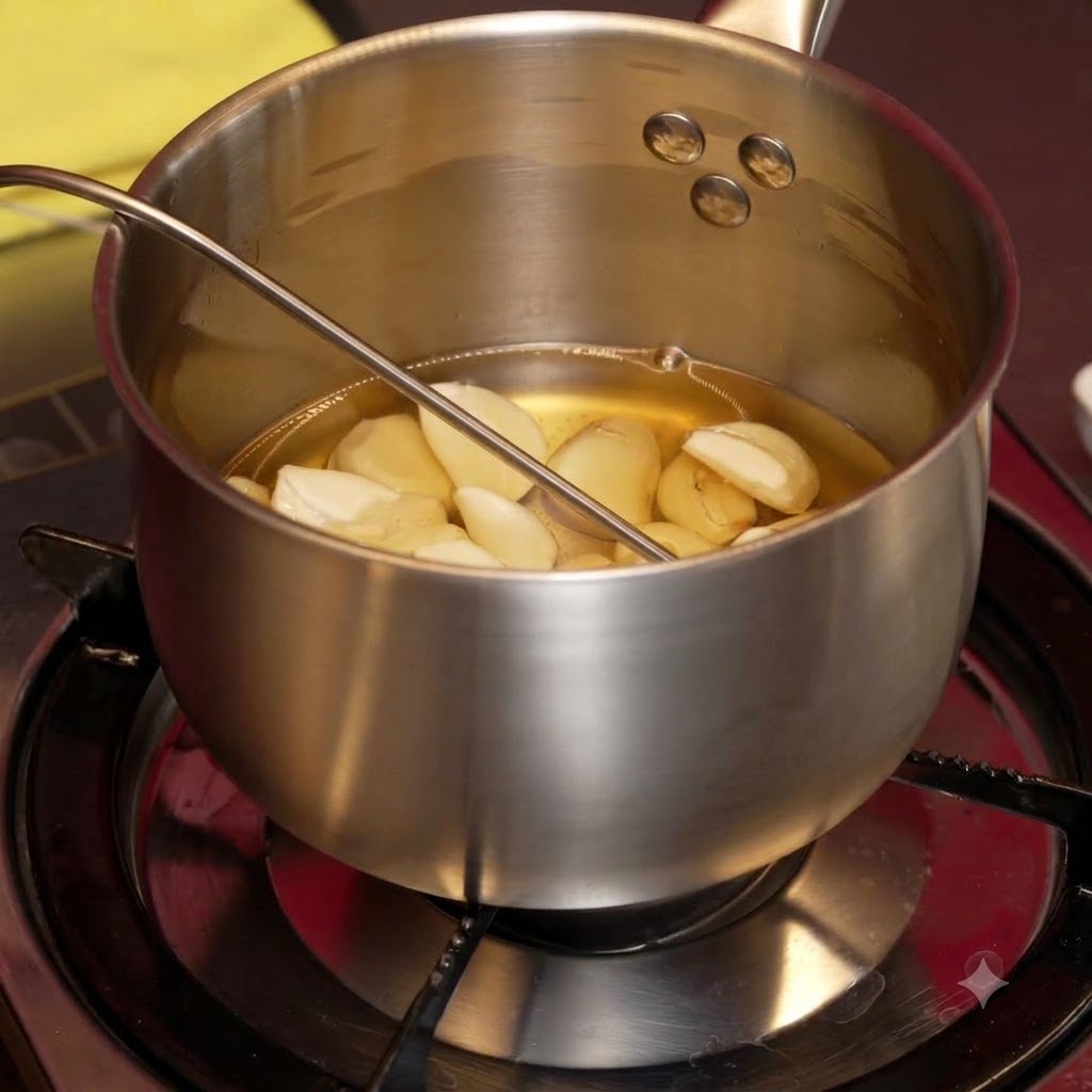 Garlic cloves frying in oil until completely blackened.