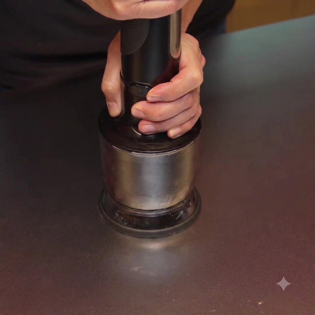 Blackened garlic being ground in a food processor.