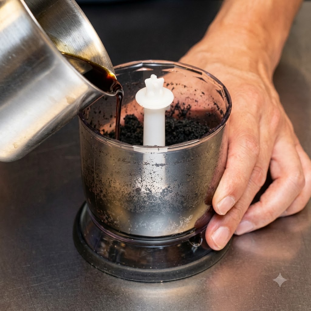 Black garlic oil being poured into a food processor with garlic powder.