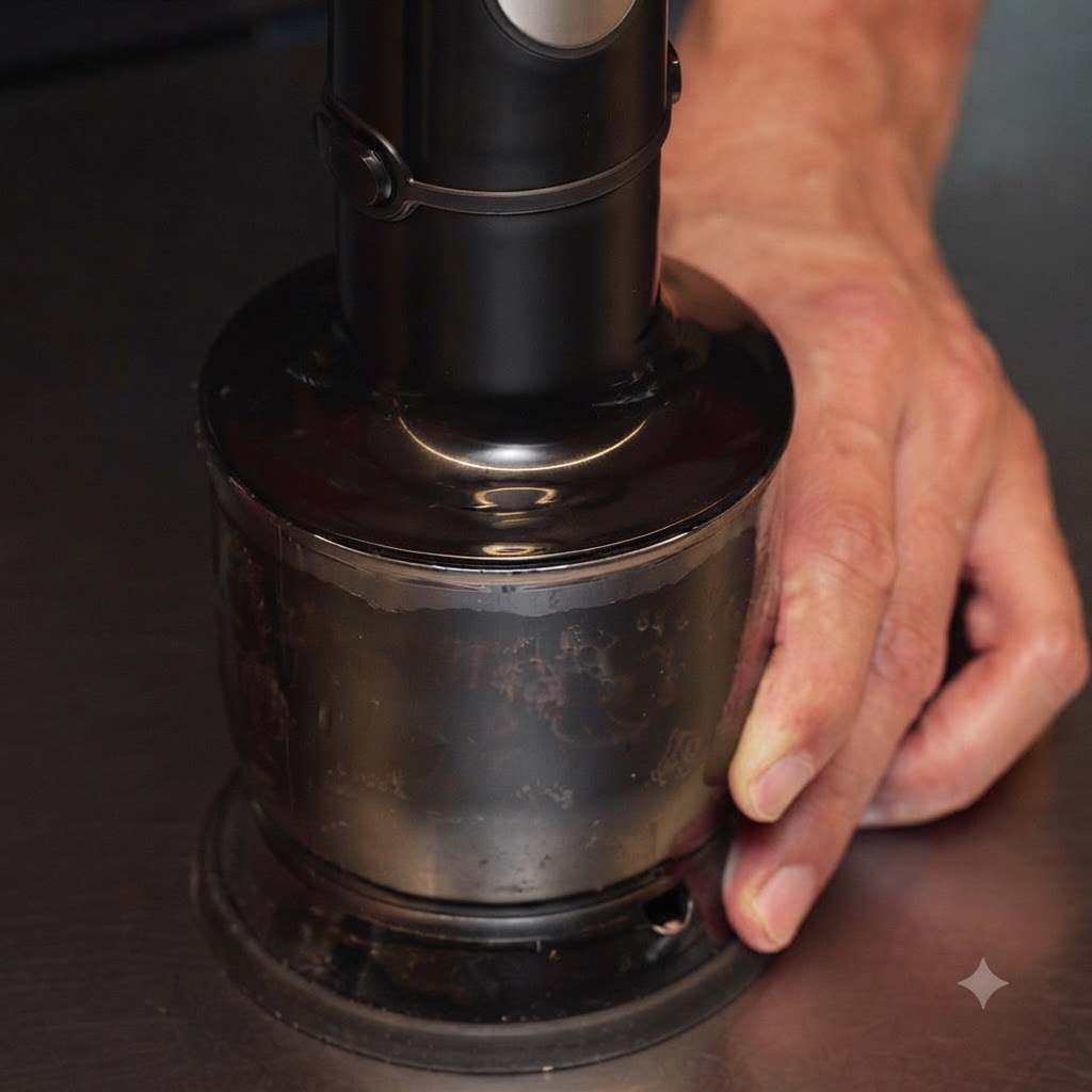 Blended black garlic mixture being poured back into a pot of oil.